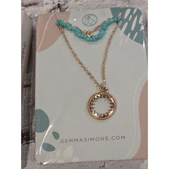 Gemma Simone Turquoise Color Necklace, NIB, Gold Tone Chain, Layered, Sun Charm - Picture 2 of 3